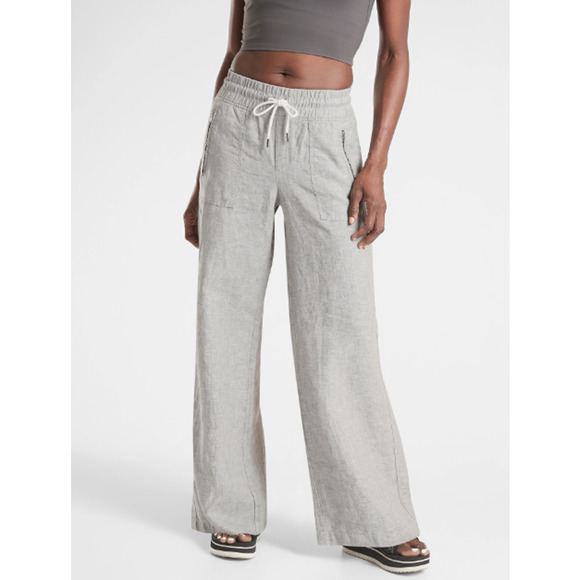 Athleta Pants - Athleta Cabo Linen Wide Leg Pants Womens 8 Gray Breathable Coastal Zip Pockets